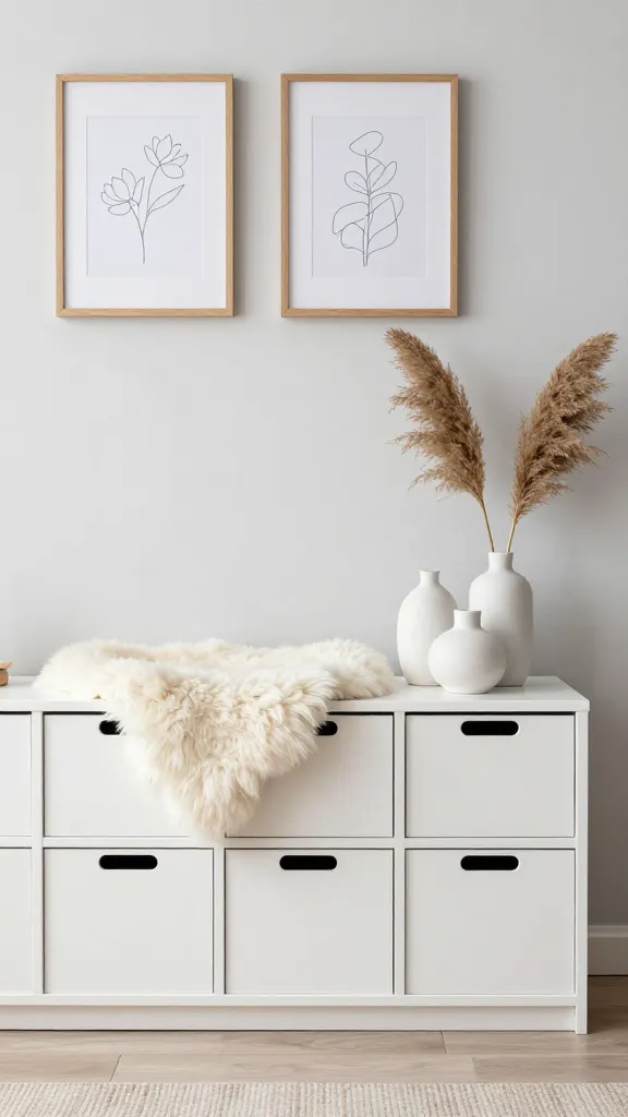 A realistic, high-quality photograph of a serene Scandi-Boho living room storage nook. The centerpiece is a low, horizontal Ikea KALLAX unit in a clean white finish, featuring several seamlessly integrated KALLAX drawer inserts for hidden storage. A soft, off-white sheepskin throw is draped casually over one section of the KALLAX top. Arranged beside the throw are a few ceramic vases of varying heights and organic shapes, in matte white and subtle light gray tones, holding delicate plumes of dried pampas grass. Above the KALLAX unit, on a light gray wall, two minimalist line art prints in simple natural wood frames are elegantly displayed. The overall color palette is predominantly neutral, featuring natural wood accents, white, and soft grays, creating a calm, inviting, and stylish atmosphere. Soft, natural daylight illuminates the space, highlighting textures and details. No text.