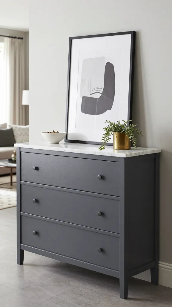 A realistic, high-quality, eye-level photograph of a sophisticated entryway console. The main subject is a 3-drawer IKEA MALM dresser, custom-painted in a deep charcoal gray, topped with luxurious white marble contact paper. Its clean, handle-less lines exude modern elegance. The dresser is positioned in an open-plan living room, subtly defining the entryway. On its surface, a minimalist arrangement features a small, elegant ceramic bowl for keys, a delicate trailing plant in a brass planter, and a framed abstract art print leaning against the wall above it. The background subtly shows a glimpse of a stylish living area with soft, natural light illuminating the scene. The overall aesthetic is tidy, chic, and expensive-looking.