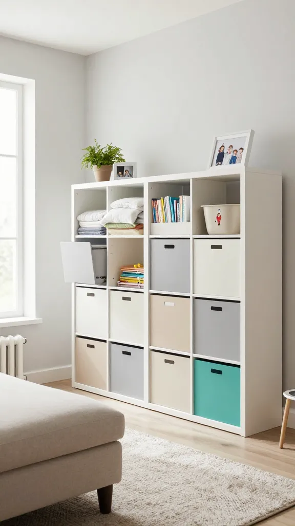 A high-quality, realistic photograph of a bright, modern family living room, showcasing a sophisticated IKEA TROFAST storage system seamlessly integrated along one wall. The TROFAST unit features clean white frames with a mix of neutral-colored bins (light grey, cream, soft beige) and one or two subtly vibrant, muted teal bins, demonstrating its modular design. Some bins are slightly open, revealing neatly organized soft blankets, stylish children's books, and a few craft supplies, blending functionality with elegant decor. On the top surface of the TROFAST, a small potted plant and a framed family photograph add a personal touch. In the foreground, a comfortable, light-colored sectional sofa sits on a textured area rug, with natural light streaming in from a large window, creating an inviting and organized atmosphere that feels both practical and expensive. No text on image.