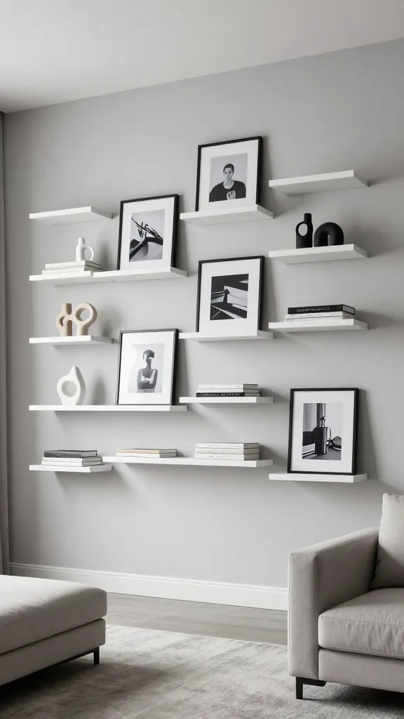 A high-quality, professional interior photograph of a modern, minimalist living room. The focal point is a sophisticated gallery wall featuring multiple white Ikea LACK wall shelf units arranged in an asymmetrical, dynamic geometric pattern. The shelves are mounted at varying heights and orientations on a smooth, light grey wall. Each unit thoughtfully displays a curated selection of items: small, elegant abstract sculptures, tastefully framed black and white photographs, and a few neutral-toned hardcover books, all sparsely placed to enhance the minimalist aesthetic. Soft natural light illuminates the scene, highlighting the clean lines of the shelves and the luxurious feel of the surrounding contemporary furniture, including a sleek sofa and a subtle area rug. The image conveys an expensive, personalized, and uncluttered living space.