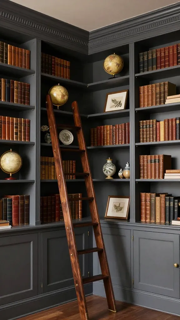 A wide, eye-level shot captures a luxurious home library corner, featuring a wall entirely composed of multiple Ikea GERSBY bookcases. The bookcases are painted a rich, matte charcoal grey, giving them a sophisticated, built-in appearance. A continuous, elegant decorative crown molding trim runs along the very top of all the joined units, further enhancing the custom look. Leaning stylishly against the central section of the bookcases is a dark stained wooden library ladder, purely decorative, with subtle brass accents, suggesting a grand library aesthetic. The shelves are meticulously arranged with a curated collection of antique leather-bound books, vintage globes, small framed botanical prints, and unique ceramic art pieces, all contributing to an old-world, prestigious charm. The scene is bathed in soft, warm directional lighting, highlighting textures and creating a cozy, inviting atmosphere. Realistic, high-quality photograph, no text.