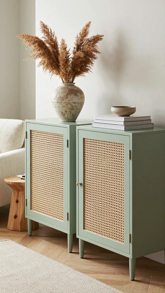 A high-quality, professional photograph showcasing two IKEA IVAR cabinets meticulously upgraded in a textured transitional living room setting. The cabinet doors feature natural cane webbing inserts, and the cabinets themselves are painted a soft, muted sage green. On top of the cabinets, styled decor includes a large, organic-shaped ceramic vase with dried pampas grass, a stack of minimalist coffee table books, and a small, artisanal ceramic bowl. In the background, a comfortable, classic linen-upholstered armchair in a cream hue is partially visible, beside a simple natural wood side table. Gentle, diffused natural light streams into the room, emphasizing the rich textures of the cane, linen, and wood. The overall aesthetic is inviting, sophisticated, and blends traditional comfort with contemporary organic modernism. No text on images.