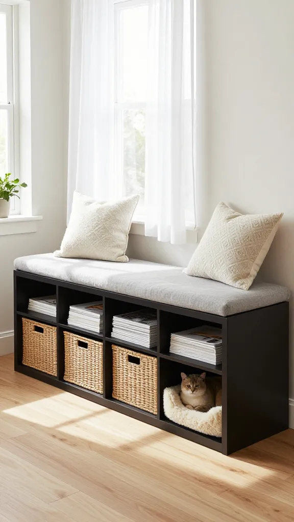 High-resolution, professional photo of a sleek, horizontal Ikea KALLAX unit (e.g., 2x4 cubes) transformed into a stylish storage bench, positioned under a large, sunlit window in a bright, minimalist living room. A thick, custom-fitted light grey linen cushion covers the entire top of the KALLAX, adorned with two plush throw pillows in cream boucle and a subtle geometric pattern. The KALLAX cubbies are thoughtfully styled: some hold chic woven storage baskets (natural rattan), one contains a neatly stacked pile of design magazines, and another is fitted as a cozy pet bed with a soft sheepskin mat, a small, content cat curled up inside. Abundant natural light streams through sheer white curtains, illuminating the bench and a light-colored hardwood floor. The walls are a warm off-white, and minimal, elegant decor (e.g., a small potted plant on the windowsill) enhances the sophisticated, organized, and expensive-looking aesthetic. Sharp focus on the bench, realistic textures, no text.