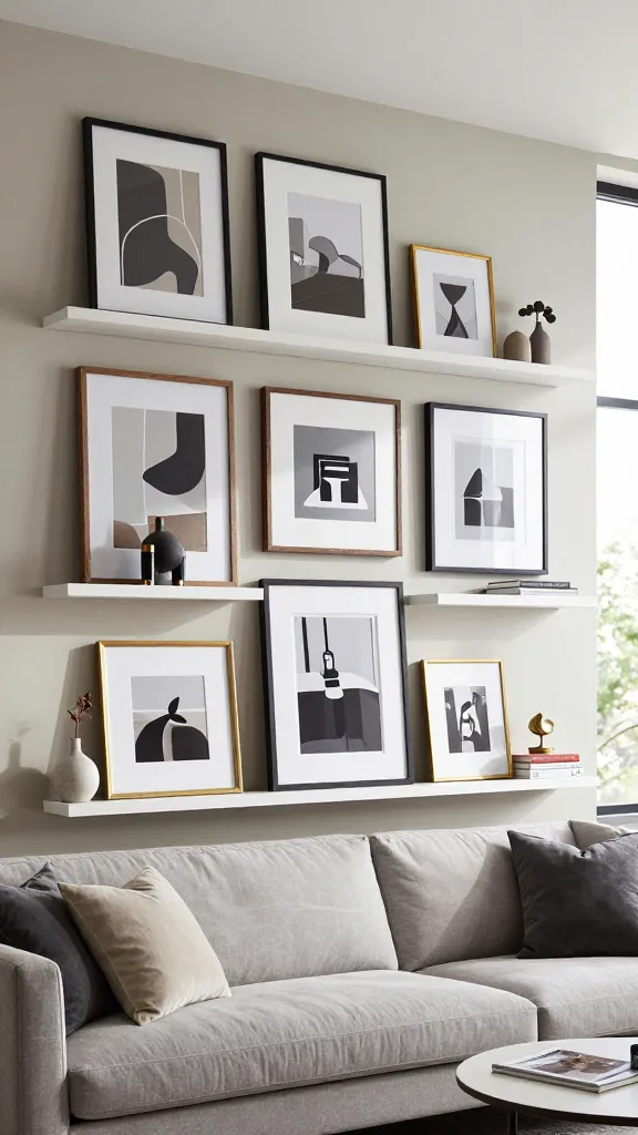 A professional interior photograph showcasing a sophisticated living room with a grand, personalized gallery wall as its focal point. Multiple white IKEA MOSSLANDA picture ledges are layered dynamically on a light greige wall, creating a visually rich display. The ledges are artfully filled with a curated mix of varying sized framed art prints (contemporary abstract, minimalist black and white photography, and tasteful personal photos) alongside small, chic decorative objects, including a delicate ceramic vase with a single dried botanical, a small brass sculpture, and a stack of design books. The frames themselves vary in material, featuring slim black, natural wood, and brushed gold finishes, adding depth and texture. Soft, diffused natural light streams in from a large window, illuminating the wall and casting subtle, elegant shadows. A plush, modern light-grey sofa with a few accent pillows and a minimalist round coffee table with a single design magazine are partially visible in the foreground, complementing the luxurious yet inviting aesthetic. The image is sharp, vibrant, and conveys a sense of high-end, curated design.