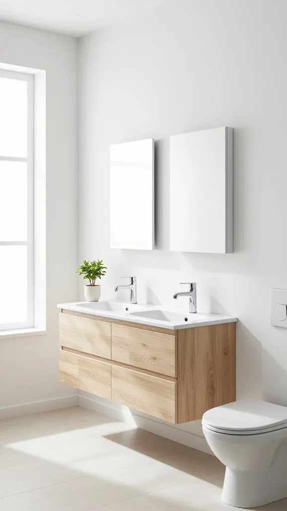 A high-quality, realistic photo of a bright, minimalist Scandinavian bathroom. The focal point is a wall-mounted IKEA GODMORGON vanity in a light wood finish, featuring two sleek, integrated white sinks and modern chrome faucets. Above the toilet, two white, wall-mounted IKEA EKET cabinets are discreetly arranged, offering hidden storage. The bathroom is bathed in soft, natural light coming from a large window, highlighting the crisp white walls and light-colored tiled floor. A small, simple green plant in a white ceramic pot sits on the vanity. The space feels incredibly calm, airy, and uncluttered, with clean lines and functional design, embodying Scandinavian serenity. No text.