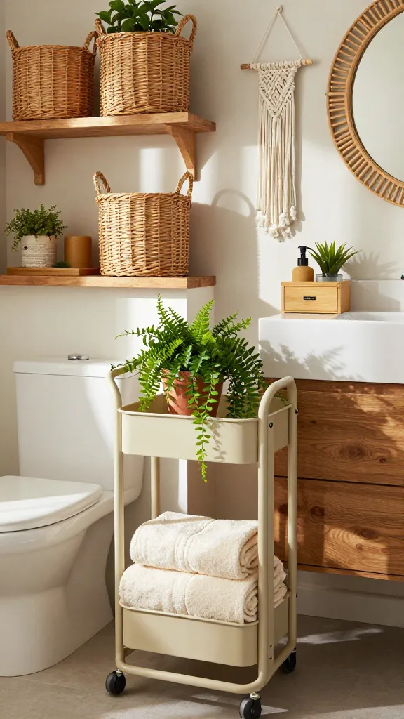 A high-quality, realistic, well-lit photograph capturing a cozy boho-chic bathroom. The scene features warm earth tones, natural textures, and lush greenery. A beige IKEA RÅSKOG utility cart stands prominently, holding neatly rolled cream towels on its top shelf and a vibrant potted trailing green plant on its middle shelf. On rustic open wooden shelves above the toilet, two IKEA BRANÄS rattan baskets are stylishly arranged, adding warmth and partially obscuring contents. The light-colored countertop displays an IKEA DRAGAN bamboo tray neatly organizing a soap dispenser and a small plant, alongside a matching DRAGAN bamboo box. Natural light streams in, highlighting a macrame wall hanging and a round rattan mirror above the vanity. The overall ambiance is serene, free-spirited, and inviting, showcasing smart Ikea storage solutions seamlessly integrated into the decor.