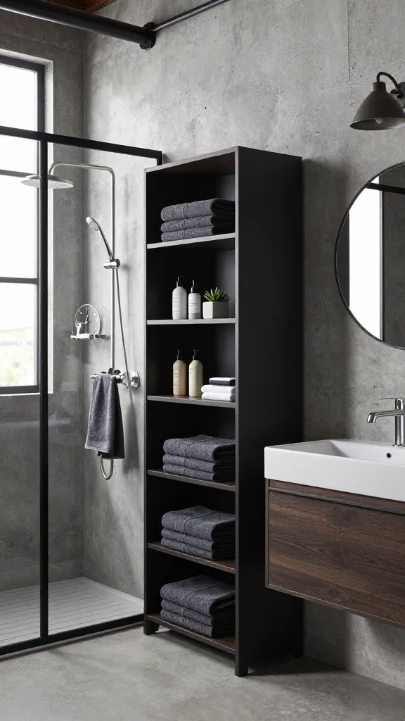 A high-quality, realistic photograph of a modern industrial bathroom with an urban loft aesthetic. The space features raw concrete walls and dark metal accents, including exposed black plumbing pipes. A black-brown IKEA KALLAX shelving unit, partially fitted with black door inserts, stands prominently against a concrete wall, meticulously organized with neatly folded dark grey towels, minimalist toiletries, and a few industrial-style decorative objects like a metal-framed clock or a small succulent in a concrete pot. Adjacent to a walk-in shower with a black-framed glass partition, a sleek stainless steel IKEA GRUNDTAL shower caddy and a GRUNDTAL rail with hooks are mounted, holding minimalist shampoo bottles, soap, and a dark hand towel. Soft natural light streams in from a large, black-framed industrial window, highlighting the textures, complemented by a single dark metal industrial sconce above a circular dark-framed mirror. The overall scene is clean, sophisticated, and perfectly organized, embodying a chic, gritty urban feel. No text.