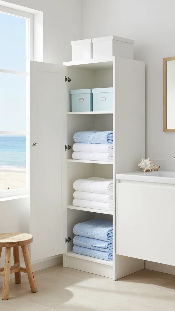 A bright and serene coastal-themed bathroom, bathed in soft natural light from a large window. The walls are painted a crisp white, complemented by light sandy-toned floor tiles. A prominent white IKEA HEMNES open storage cabinet stands against a wall, neatly displaying stacks of plush white and light blue folded towels on its shelves. On an adjacent floating shelf or within the HEMNES unit, several IKEA TJENA storage boxes in white and a soft light blue are perfectly arranged, keeping smaller items tidy and maintaining the color scheme. Natural light wood accents, such as a small decorative stool or a framed mirror with a light wood frame, are subtly integrated. A delicate white seashell or a piece of smooth driftwood rests on a vanity counter as a subtle nautical touch. The overall atmosphere is airy, tranquil, and meticulously organized, evoking the feel of a fresh ocean breeze. High-resolution, realistic photograph.
