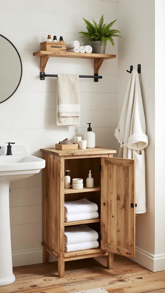 A realistic, high-quality, inviting photograph of a farmhouse-style bathroom, showcasing clever IKEA bathroom storage solutions. The central element is a naturally stained IKEA IVAR cabinet, subtly distressed, positioned against a crisp white shiplap accent wall. Its open shelves and a partially ajar door reveal neatly stacked white towels and rustic-themed bath accessories. Above a classic white pedestal sink, a matte black IKEA ENUDDEN towel rail holds a textured linen hand towel, complemented by nearby ENUDDEN wall hooks displaying a waffle-knit robe. On a floating reclaimed wood shelf, several IKEA KNAGGLIG wooden boxes are artfully arranged, organizing small toiletries and rolled facecloths. The bathroom features warm, distressed wood flooring, a simple vintage-style round mirror with a dark frame, and a small potted fern adding a touch of natural greenery. Soft, warm natural light illuminates the space, emphasizing the textures and creating a serene, functional, and charming rustic ambiance. No text on image.