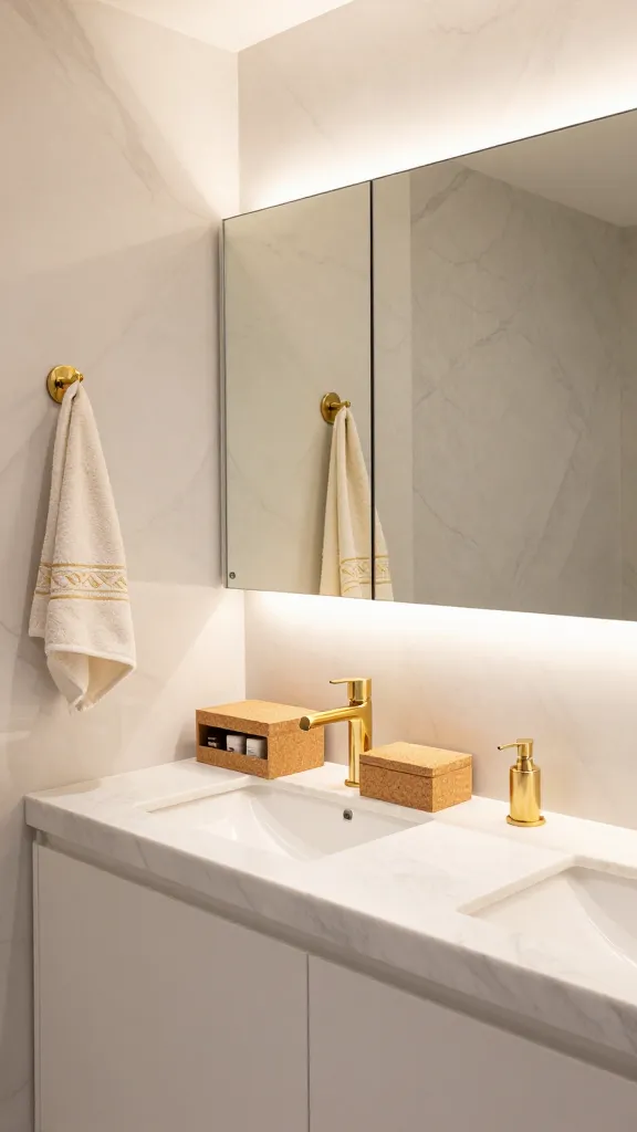A sophisticated, eye-level medium shot of a luxurious bathroom vanity area, bathed in soft, warm ambient light. The scene exudes glamour with a dominant palette of gleaming gold accents and opulent white marble textures. Centered above a seamless white marble double vanity is a pristine, wall-mounted IKEA HEMNES mirror cabinet, its reflective surface creating an illusion of expanded space. On the polished marble countertop, two elegant IKEA SAXBORGA storage boxes with natural cork lids are tastefully arranged, one slightly ajar to reveal organized small toiletries. Gold-toned fixtures, including a sleek, modern faucet and a decorative soap dispenser, catch the light. To the left, a minimalist gold-toned IKEA TJUSIG wall hook holds a plush, cream-colored hand towel with subtle gold embroidery. The walls are clad in large-format veined white marble, enhancing the high-end sanctuary feel. The entire space is impeccably organized and clutter-free, presenting a pristine and elegant appearance. Realistic, high-quality photography, no text.