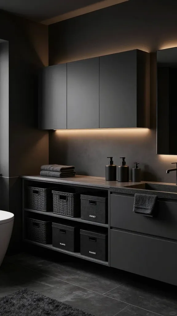 A high-quality, realistic photograph capturing a luxurious and dramatic bathroom, exuding a sophisticated dark and moody ambiance. The walls are painted in a deep, matte charcoal gray, creating an intimate and enveloping atmosphere. Warm, indirect lighting emanates from hidden LED strips beneath floating elements and sleek, modern sconces, casting a soft glow that highlights textures. The focal point is a meticulously organized IKEA bathroom storage solution: a custom arrangement of dark gray IKEA EKET cabinets, both wall-mounted and stacked, forming a sleek, integrated unit against the dark wall. Inside the EKET units and on open shelves below, dark-stained IKEA BRANÄS baskets and matte black IKEA KUGGIS storage boxes are neatly arranged, providing discreet, clutter-free storage while maintaining the deep color palette. Plush, dark gray towels are folded on a dark stone countertop next to a minimalist sink. A large, dark-framed mirror reflects the warm light, adding depth. The floor is a dark, large-format tile. The scene exudes dramatic elegance and cozy functionality. No text on images.