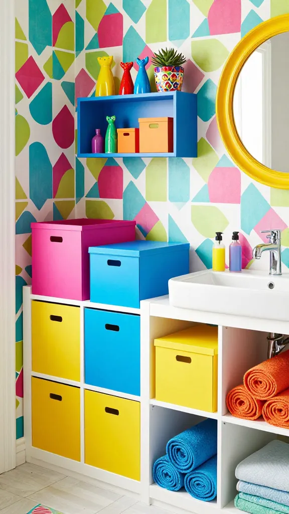 A high-quality, realistic photo of a vibrant, eclectic bathroom, bursting with color and personality. The scene features a wall adorned with a bold, geometric patterned wallpaper in shades of fuchsia, turquoise, and lime green. Prominently displayed are several IKEA PLUGGIS storage boxes in a mix of bright fuchsia, electric blue, and sunny yellow, neatly organized on a white open shelving unit, some stacked, others side-by-side, holding colorful rolled towels and playful toiletries. Above, an electric blue IKEA LACK wall shelf floats, showcasing a quirky collection of brightly colored ceramic animal figurines, a small potted succulent in a vibrant patterned pot, and a couple of smaller, contrasting orange PLUGGIS boxes. A vintage-inspired round mirror with a thick, yellow frame hangs nearby. The space is filled with bright, natural light, emphasizing the joyful and expressive atmosphere. No text on image.