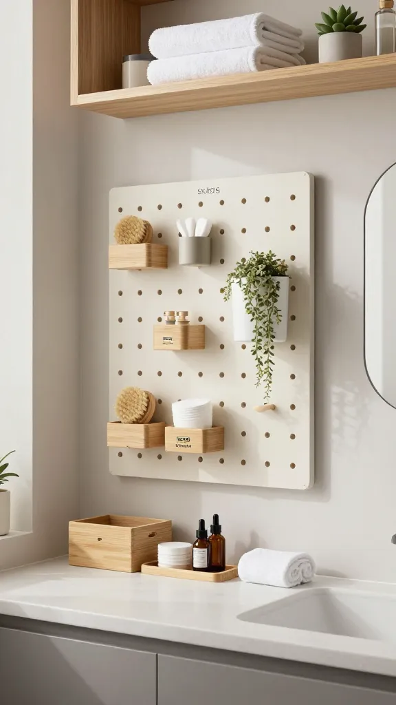 A high-resolution, realistic photo of a serene and minimalist spa-like bathroom, bathed in soft, diffused natural light. The color palette features muted whites, light grays, and warm bamboo wood tones, creating a tranquil ambiance. A prominent IKEA SKÅDIS pegboard system, mounted on a light-colored wall, is neatly organized with small natural-fiber brushes, cotton pads in a small container, and a tiny trailing plant. On a sleek, uncluttered countertop, IKEA DRAGAN bamboo boxes and trays are elegantly arranged, holding essential toiletries and a small, neatly rolled hand towel. Above the countertop, open wooden shelving displays neatly folded white bath towels and a small potted succulent. The scene emphasizes ultimate relaxation and smart, integrated storage, with no text.