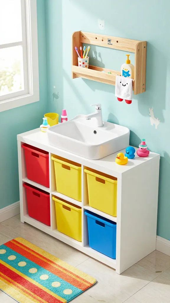 A high-angle, realistic photo of a brightly lit, kid-friendly bathroom, designed with playful elements and smart organization. In the foreground, a white IKEA TROFAST storage combination with vibrant, colorful bins (red, yellow, blue) is neatly arranged, filled with an assortment of rubber ducks, bath toys, and small, colorful children's toiletries. Above a low-mounted, white ceramic sink with a child-friendly faucet, a natural wood IKEA FLISAT wall storage unit is mounted at a child's height, holding colorful toothbrushes in a cup, a small character-themed hand towel, and a playful soap dispenser. The walls are painted a cheerful light aqua with subtle, whimsical animal decals. A soft, striped bath mat in coordinating bright colors lies on the light-colored tiled floor. Natural light streams in from a frosted window, highlighting the clean, durable surfaces and the joyful, accessible arrangement. No text.