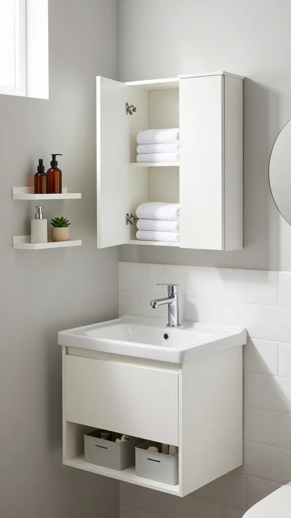 A high-quality, realistic photograph of a meticulously organized, modern tiny powder room. The focal point is a compact, narrow white IKEA LILLÅNGEN vanity with an integrated sink and a sleek chrome faucet. Above the vanity, a matching white IKEA LILLÅNGEN wall cabinet is mounted, its door slightly ajar revealing neatly stacked white hand towels. On an adjacent, light grey wall, two white IKEA MOSSLANDA picture ledges are strategically placed, holding small, amber-colored apothecary bottles, a minimalist hand soap dispenser, and a tiny succulent in a ceramic pot. Below the vanity, peeking out from an open shelf, are two compact, light grey IKEA KUGGIS storage boxes, subtly containing toiletries. The room features a soft, neutral color palette with white subway tiles on the lower half of the walls and a contemporary round mirror above the vanity. Natural light streams in from a small, high window, illuminating the space and highlighting the smart vertical storage solutions. The overall impression is one of sophisticated efficiency and a complete absence of clutter, proving small spaces can be highly functional and stylish.