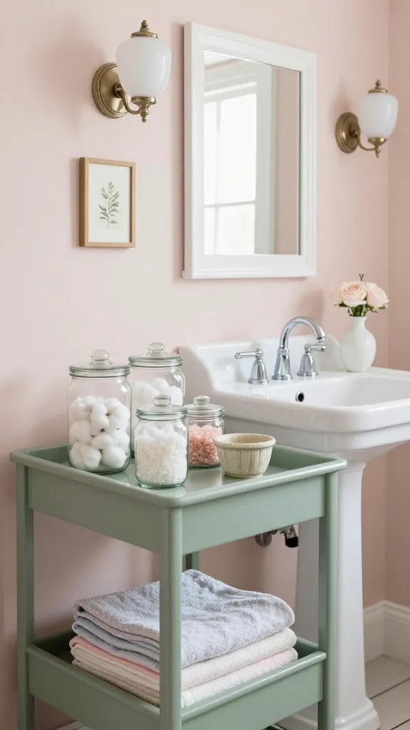 A beautifully styled vintage-inspired bathroom, bathed in soft, natural light, evoking a sense of nostalgic charm and classic elegance. In the foreground, a painted IKEA FORHOJA kitchen cart, in a muted sage green, serves as a mobile storage unit, subtly displaying folded pastel-colored hand towels and a small, antique-looking ceramic planter. On a nearby shelf or the cart, a collection of IKEA KORKEN glass jars, filled with fluffy cotton balls and delicate bath salts, adds an old-world touch. Above a pristine white pedestal sink with a classic chrome bridge faucet, a white-framed IKEA HEMNES mirror reflects the room. The walls are painted a gentle blush pink, complemented by vintage-style sconce lights with milk glass shades. Charming accessories include a small framed botanical print, a delicate ceramic soap dish, and a tiny vase holding a few fresh, light pink roses. The overall impression is one of subtle, collected organization within a serene, high-quality, realistic interior photograph.