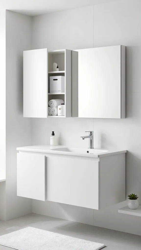 A high-quality, realistic photograph capturing a sophisticated, modern bathroom designed with a monochromatic white palette. The centerpiece is a sleek, wall-mounted IKEA ENHET vanity unit in matte white, featuring an integrated white sink and a minimalist chrome faucet. Above it, a large, frameless mirror reflects soft, diffused natural light. To the left of the vanity, a stack of white IKEA ENHET wall cabinets extends vertically, providing ample storage. One cabinet door is slightly ajar, revealing a pristine interior where several white IKEA KUGGIS storage boxes are neatly arranged, discreetly holding white rolled towels and essential toiletries. The surrounding walls are clad in large-format, subtly textured white tiles, creating depth against a smooth, off-white painted ceiling. A fluffy white bath mat rests on the light gray floor, and a small, delicate white ceramic planter with a tiny green succulent adds a subtle natural touch to a shelf. The entire scene exudes elegant simplicity, with various shades and textures of white creating a visually cohesive and incredibly chic atmosphere, where organization blends seamlessly into the serene design.