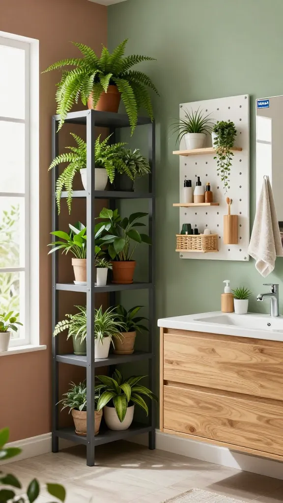 A realistic, high-quality, bright photograph capturing an "Urban Jungle Oasis" bathroom. Lush, vibrant greenery fills the space, transforming it into a refreshing sanctuary. A dark gray IKEA HYLLIS shelving unit, repurposed as a stylish plant stand, is prominently featured in one corner, laden with various potted plants like ferns, pothos, and succulents. Adjacent to a light-toned natural wood vanity, a white IKEA SKÅDIS pegboard system creates a functional living wall, displaying small ceramic planters with air plants and trailing greenery alongside neatly organized bathroom essentials such as a wooden toothbrush holder, small woven baskets for toiletries, and hooks for towels. The room features a harmonious palette of earthy tones, including muted green walls, terracotta accents, and light floor tiles. Soft, natural light streams in from a large window, illuminating the textures of the plants and wood, creating a serene and invigorating atmosphere where organization seamlessly blends with nature.
