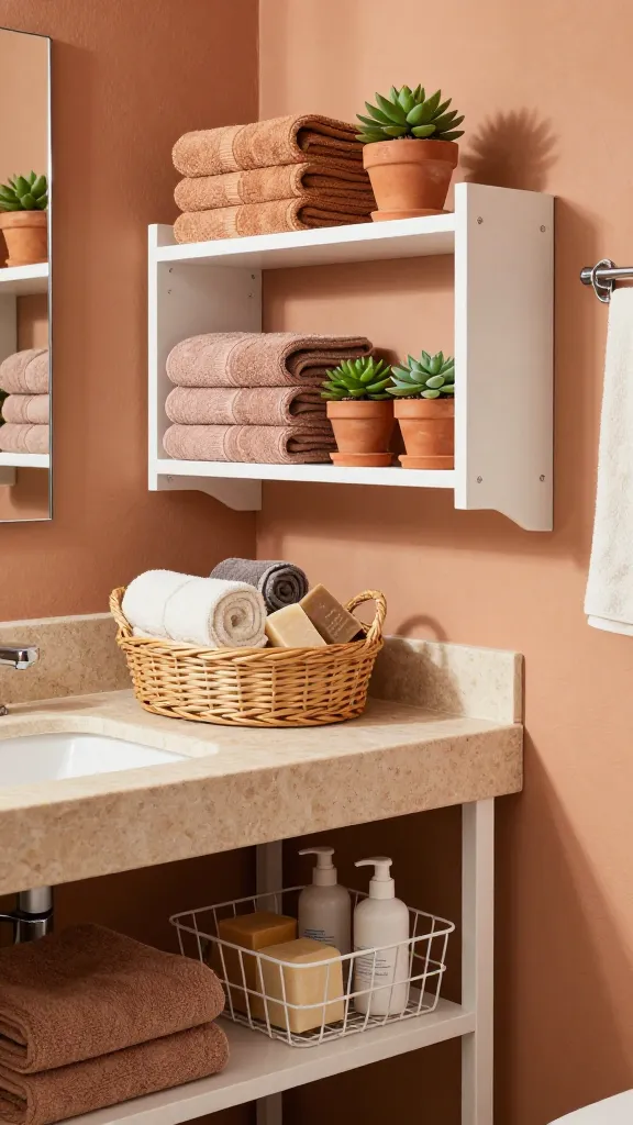 A high-quality, realistic photo of a sun-drenched Mediterranean bathroom. The space features warm terracotta wall accents and a natural stone vanity top, exuding rustic charm. Prominently displayed is a white IKEA LERBERG shelf unit, artfully arranged with neatly folded warm-toned towels and small terracotta pots holding vibrant green succulents. On the vanity, an IKEA NEREBY woven basket provides stylish, open storage for rolled hand towels and artisanal soaps. A white IKEA RISATORP wire basket is strategically placed on a lower shelf, holding extra bath essentials. The scene is bathed in soft, natural light, creating an inviting, earthy, and perfectly organized atmosphere. No text.