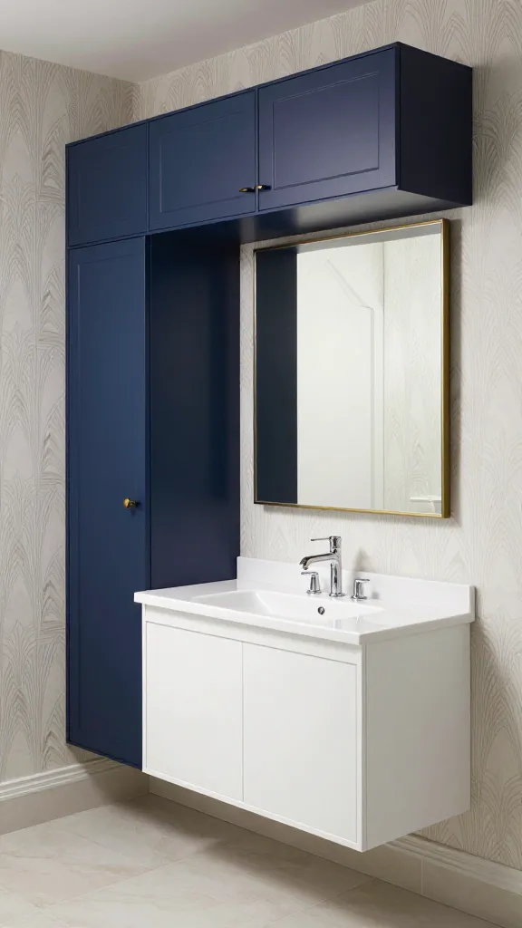 A realistic, high-quality photograph capturing an opulent Art Deco-inspired bathroom. The central focus is the integrated IKEA bathroom storage: a statement wall featuring dark blue IKEA EKET cabinets meticulously arranged in a dynamic, geometric pattern, serving as both storage and a striking design element. Below, a pristine white IKEA GODMORGON floating vanity with a seamless countertop and integrated sink provides discreet, hidden storage, maintaining a clean aesthetic. Above the vanity, a large, rectangular, sleek-edged mirror with a subtle brass frame enhances the room's depth. Polished chrome and brass metallic accents are present in the elegant faucet and cabinet hardware, adding to the luxurious feel. The surrounding walls are adorned with a subtle yet distinct geometric Art Deco wallpaper pattern in a complementary tone. The floor features large, light-colored tiles, and the space is illuminated by soft, ambient lighting, creating an atmosphere of refined elegance and sophisticated, clutter-free organization. No text.