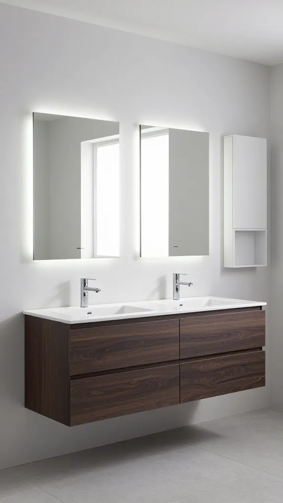 A well-composed, eye-level realistic photo of a high-tech, sleek, and minimalist bathroom. The central feature is a wall-mounted IKEA GODMORGON double vanity in a dark wood veneer, with handle-less push-open drawers that are perfectly flush, emphasizing seamless hidden storage. Above the vanity, two large, frameless smart mirrors are integrated with subtle IKEA TRÅDFRI smart lighting, emitting a customizable, soft cool-white glow that illuminates the pristine countertop. To the side, a vertical stack of modular IKEA ENHET wall cabinets in a matte white finish is recessed into the wall, providing ultra-streamlined, clutter-free storage. The overall aesthetic is futuristic and highly organized, with clean lines, polished chrome fixtures, and a light gray large-format tile floor. The space feels open, efficient, and incredibly tidy, with no visible clutter. Natural light streams in from a frosted window, complementing the integrated smart lighting. High-quality, professional photography, no text on image.
