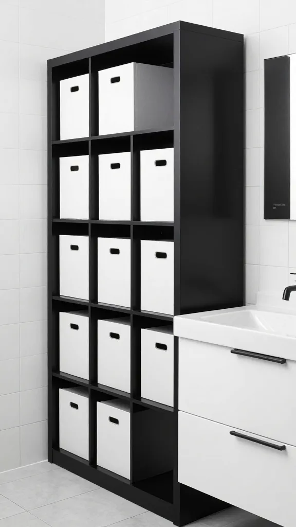 A high-quality, realistic photograph of a modern, high-contrast black and white bathroom. The focal point is a sleek black IKEA KALLAX shelving unit, prominently featuring several crisp white IKEA KUGGIS storage boxes arranged to create a bold, graphic grid pattern. Adjacent to it, a pristine white IKEA GODMORGON/BRÅVIKEN vanity with a built-in sink stands, accented with minimalist black hardware (faucet and drawer pulls). The walls feature a subtle yet distinct geometric black and white tile pattern, enhancing the graphic feel. Strong, clean lines define the space, from the vanity's edge to the shelving unit's structure. Bright, even lighting illuminates the polished surfaces, emphasizing the sharp contrast between the black and white elements. The overall aesthetic is chic, modern, and impeccably organized.