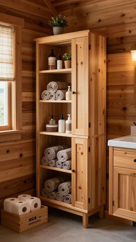 A highly detailed, realistic photograph of a warm and inviting rustic cabin bathroom. The central feature is a customized IKEA IVAR storage system, made from natural, light pine wood, functioning as a comprehensive bathroom storage solution. It incorporates open shelving, a small cabinet, and a drawer, all seamlessly integrated. The open shelves are neatly organized with rolled plaid towels in earthy tones, rustic-looking toiletries, and a small potted plant. On a lower shelf or the floor adjacent to the IVAR system, an IKEA KNAGGLIG wooden box is visibly utilized, filled with spare toilet paper rolls. The bathroom walls are paneled with warm, natural wood planks, and a small window draped with a simple plaid fabric curtain allows soft, diffused natural light to illuminate the space. The overall aesthetic exudes rugged comfort and coziness, enhanced by warm, ambient lighting. No text on image.
