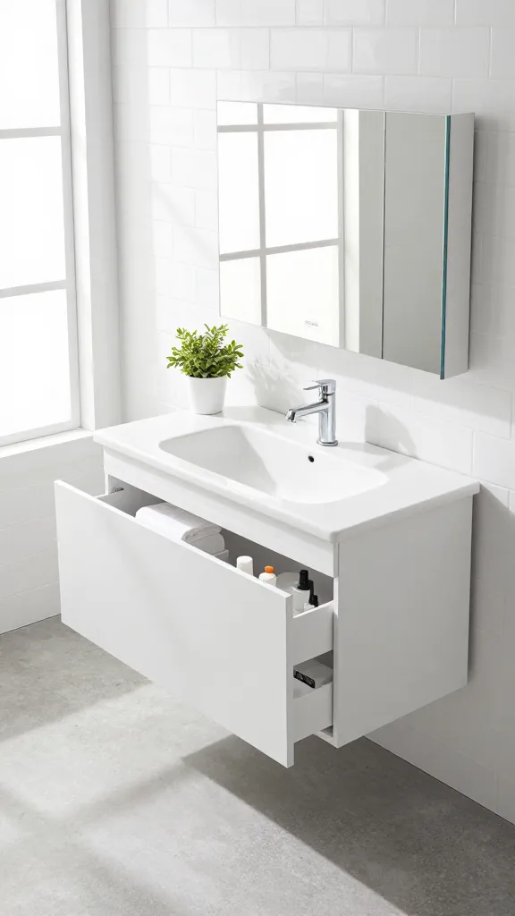A bright, expansive, and high-angle shot of a modern, all-white bathroom, flooded with natural light from a large, unadorned window. The focal point is a sleek, high-gloss white IKEA GODMORGON floating vanity with two drawers, topped with a pristine white integrated sink and a minimalist chrome faucet. Above the vanity, a reflective IKEA LILLÅNGEN mirror cabinet extends the sense of openness. One of the GODMORGON vanity drawers is slightly ajar, revealing a perfectly organized interior with a white IKEA KUGGIS storage box holding neatly rolled white hand towels and minimalist toiletries, showcasing intelligent storage. The walls are clad in large format white matte subway tiles, while the floor features light grey polished concrete tiles, providing subtle textural contrast. A single, small green plant in a white ceramic pot sits on the vanity, offering a delicate touch of organic color. The overall aesthetic is incredibly clean, serene, and highly organized, emphasizing a bright, airy, and expansive feel. Professional interior photography, sharp focus, natural daylight.