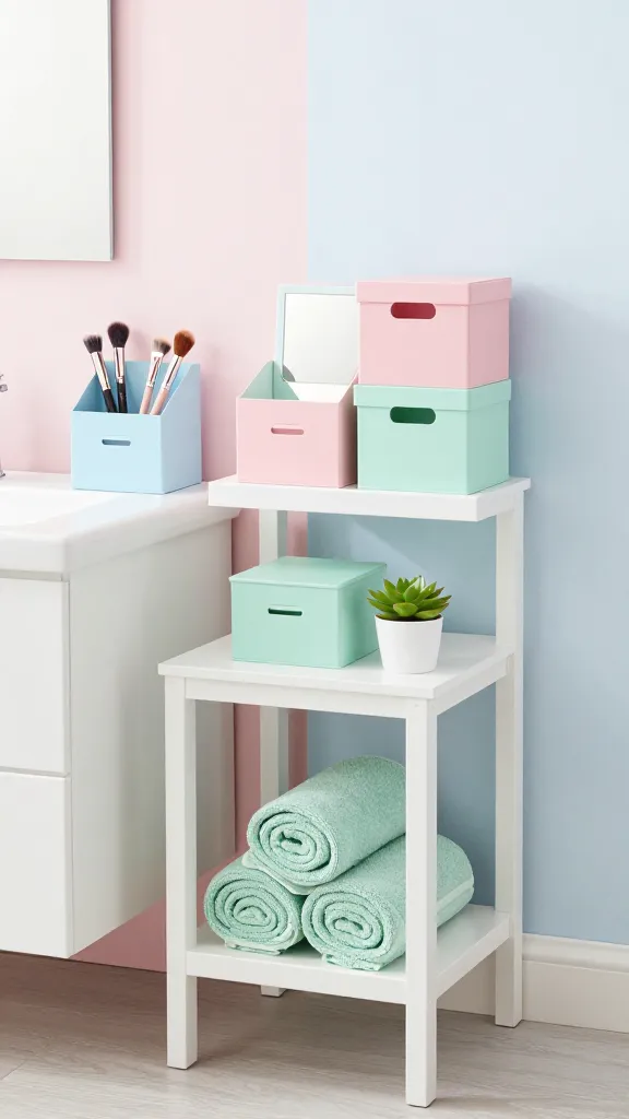 A high-quality, realistic photograph of a modern, uncluttered bathroom bathed in soft natural light, embodying a 'Playful Pastel Perfection' aesthetic. The walls are a gentle pastel pink or light blue, complementing the clean white fixtures. The main focal point is smart IKEA bathroom storage: a pristine white KVISTBRO storage table stands subtly, holding neatly rolled pastel green hand towels and a small, vibrant succulent. On a sleek white vanity, a SAXBORGA storage box with its integrated mirror is elegantly placed, showcasing a few high-end makeup brushes. Nearby, or arranged on open shelves, several PLUGGIS storage boxes in varying soft pastel shades – light blue, delicate pink, and mint green – are strategically positioned, demonstrating their cheerful organization. The scene is bright, airy, and exquisitely styled to highlight clever storage solutions within a whimsical, gentle, and inviting pastel paradise. No text on image.