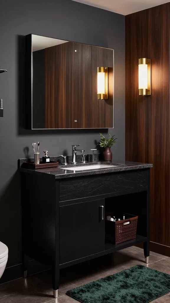 A high-quality, realistic photo capturing a sophisticated gentleman's den bathroom. The focal point is a sleek, black-brown IKEA HEMNES double vanity, featuring a dark marble countertop and polished chrome fixtures. Above the vanity, an IKEA GODMORGON wall cabinet with an integrated mirror reflects the room's refined ambiance. On the vanity, a luxurious dark leather tray elegantly holds a classic silver shaving set and a high-end cologne bottle. To the side, a dark-stained IKEA BRANÄS basket is neatly tucked into an open shelf of the vanity, subtly concealing toiletries and maintaining a polished look. The walls are painted in a deep charcoal grey, complemented by rich, dark wood paneling on an adjacent wall. A plush, dark green bath mat rests on the polished dark tile floor. Elegant brushed brass wall sconces cast a warm, inviting glow, highlighting the tailored elegance and discreet, masculine luxury of the space. No text.