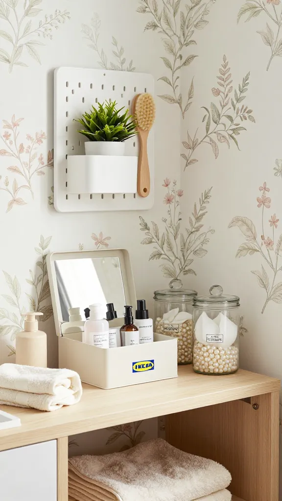A bright, romantic bathroom scene, styled with a 'Feminine Floral Fantasy' aesthetic. The focal point is a light-colored wooden vanity or shelf, beautifully organized with IKEA bathroom storage. Prominently displayed is an IKEA SAXBORGA storage box with its mirror reflecting delicate light, filled with elegant toiletries. Beside it, two clear IKEA KORKEN glass jars, one holding pearly bath salts and the other soft cotton pads, add to the delicate charm. A small, white IKEA SKÅDIS pegboard is subtly mounted on the wall above, adorned with a miniature potted plant and a small, soft brush. The walls feature a subtle, ethereal botanical print wallpaper in soft pastel shades of blush pink, muted sage green, and cream. Plush, folded cream-colored towels are neatly stacked nearby. The space is bathed in soft, natural light, creating an inviting, secret garden atmosphere. High-resolution, realistic interior photography, no text.
