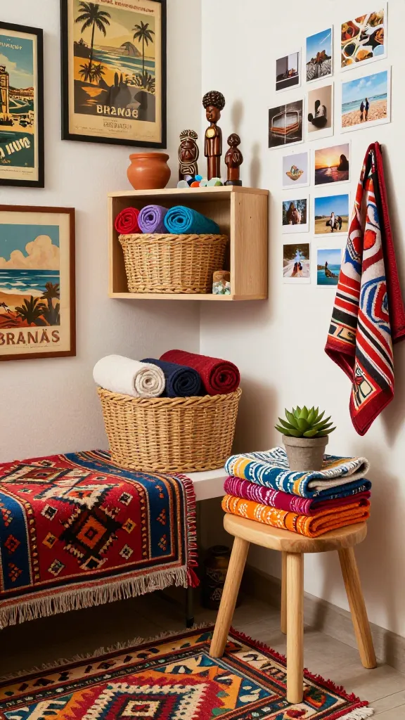 A high-quality, realistic photo capturing a vibrant, eclectic global traveler's bathroom nook. The space is a rich tapestry of patterns and textures, featuring colorful textiles like a kilim-inspired bath mat and patterned hand towels. Central to the scene is a wall-mounted IKEA open shelving unit, meticulously organized. It prominently displays natural rattan BRANÄS baskets filled with neatly rolled towels and a carefully curated collection of unique souvenirs: a small terracotta pot from Mexico, a carved wooden figurine from Africa, and a collection of colorful sea glass from a Mediterranean beach. Adjacent, a small, light wood IKEA FROSTA stool serves as a functional display, holding a stack of brightly patterned guest towels and a lush potted succulent. The walls are adorned with framed vintage travel posters and a gallery of personal travel photographs, adding to the lived-in, memory-filled atmosphere. Warm, inviting ambient lighting enhances the global aesthetic, with soft natural light filtering in, creating a harmonious and personalized sanctuary.