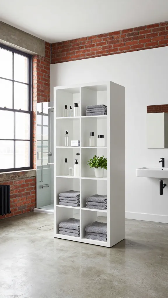 A wide-angle, high-resolution photo of an open-concept loft bathroom area, showcasing a minimalist industrial-chic aesthetic. A large, white IKEA KALLAX shelving unit serves as a prominent room divider, artfully separating the bathroom zone from an adjacent living or sleeping space. The KALLAX is styled with neatly folded grey towels, minimalist toiletries in clear glass containers, and a small potted green plant, demonstrating both storage and visual separation. Adjacent to this, a sleek walk-in shower features the IKEA GRUNDTAL series stainless steel shower caddy and a matching towel rail, gleaming under abundant natural light. The space boasts exposed red brick walls, a polished concrete floor, and large black-framed industrial-style windows. A modern, wall-mounted white sink with a matte black faucet is visible. The overall ambiance is clean, uncluttered, and sophisticated, with a strong focus on functional design and exposed architectural elements. Bright, natural daylight floods the entire scene.