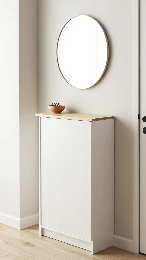 A high-quality, realistic photograph capturing a serene and minimalist Scandinavian entryway. The focal point is a slim, white IKEA HEMNES shoe cabinet, providing hidden storage without bulk, positioned against a light, neutral-toned wall. Above it, a small IKEA BJURSTA wall-mounted drop-leaf table is neatly folded down, subtly holding a small, natural wood bowl with keys. A large, round IKEA LINDBYN mirror hangs prominently, reflecting abundant natural light and making the compact space appear significantly larger and more open. The aesthetic emphasizes clean lines, light colors, and natural materials like pale wood and white finishes, creating an airy, tranquil, and inviting welcome. The lighting is bright and soft, enhancing the sense of spaciousness and calm.