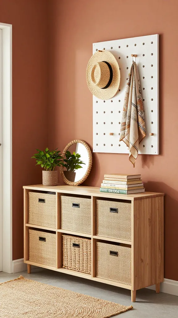 A high-quality, realistic photo of a cozy, boho chic earthy entryway. A horizontal KALLAX shelf unit, crafted from light wood, is positioned against a warm, terracotta-toned wall. Its cubbies are filled with DRÖNA fabric boxes in varying natural jute and woven patterns, showcasing rich textures. On top of the KALLAX, a small potted plant with lush green leaves, a round mirror with a natural fiber frame, and a stack of global-inspired books are artfully arranged. Above the KALLAX, a white SKÅDIS pegboard is mounted, featuring a few wooden hooks from which a woven straw hat and a lightweight, patterned scarf gently hang. The floor is adorned with a small, textured jute rug. Soft, natural light illuminates the scene, highlighting the layers of earthy colors and natural materials, making the small space feel inviting, well-traveled, and expansive.