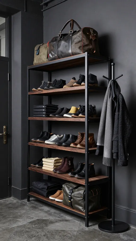 A high-quality, realistic, professional interior photograph of an industrial-edge urban loft entryway. The central focus is an Ikea BROR storage system, showcasing its robust black metal frame and dark raw wood shelves, meticulously organized with a variety of stacked shoes and several larger, rugged bags. Adjacent to it, a sleek black TJU coat rack holds a dark, textured jacket and a minimalist scarf. The walls are painted in a deep charcoal gray, providing a sophisticated, urban backdrop. Subtle exposed elements and dark metal accents are visible throughout the space. The overall aesthetic is rugged, highly functional, and urban, bathed in soft, natural light that highlights the dark wood tones and black metal finishes.