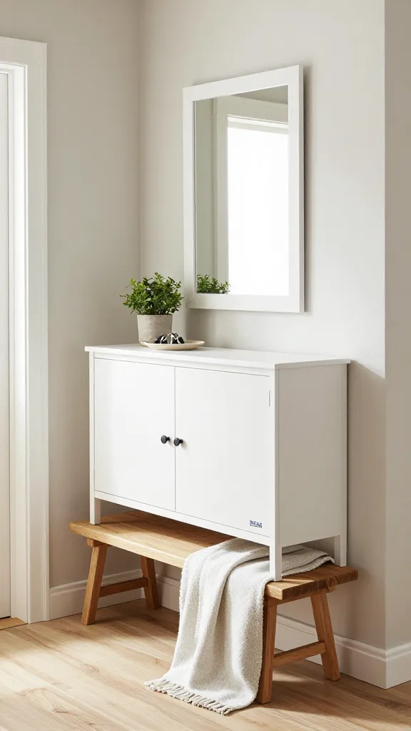 A high-quality, realistic photo of a modern farmhouse entryway, bathed in bright, natural light. The focal point is a pristine white IKEA HEMNES shoe cabinet, positioned against a light, neutral-toned wall. Above the HEMNES cabinet, a white-framed IKEA NISSEDAL mirror hangs, reflecting the inviting space. To the side or slightly in front of the shoe cabinet, a natural acacia wood IKEA SKOGSTA bench offers a warm seating spot, perhaps adorned with a simple, textured throw blanket in an off-white or light gray hue. On the surface of the HEMNES cabinet, a small, potted greenery plant and a minimalist decorative tray with keys add subtle, functional styling. The flooring is light-toned wood, contributing to the airy, clean aesthetic. The overall scene blends rustic charm with contemporary simplicity, creating a cozy yet fresh and timeless entryway. No text on image.