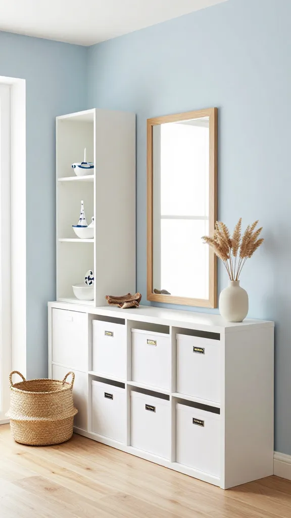 A high-quality, realistic photograph of a bright and serene coastal-inspired entryway. The central feature is a white IKEA PLATSA storage system, intelligently configured with both open shelving showcasing subtle nautical decor and closed cabinets for practical, concealed storage. Several white IKEA KUGGIS boxes are neatly organized within the open cubbies. An IKEA NISSEDAL mirror with a light wood frame is integrated into the design, reflecting ample natural light to enhance the airy feel of the space. The dominant color palette consists of crisp whites, soft sky blues, and warm natural wood tones. Decor elements include a woven natural fiber basket, a small piece of driftwood, and a simple ceramic vase with dried sea oats, all contributing to a refreshing, spacious atmosphere. Professional interior photography, no text.