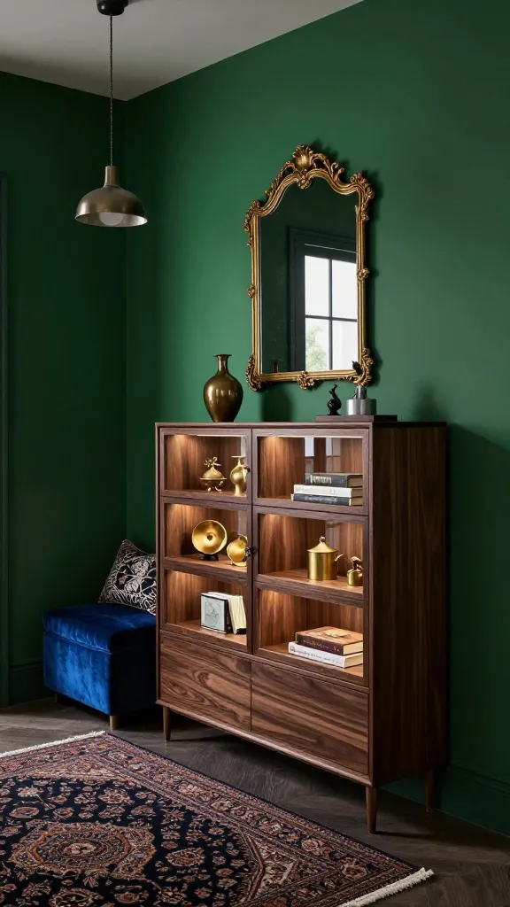 A high-quality, realistic photo of a small, moody maximalist entryway. The walls are painted a deep, lustrous emerald green. Dominating the space is a sophisticated IKEA BESTÅ storage combination in a dark, rich walnut finish, featuring several units with clear glass doors and subtle internal LED lighting illuminating a curated display of antique brass objects, art books, and small sculptural pieces. Above the BESTÅ, a vintage-inspired gold ornate mirror reflects the room's depth. A small, plush velvet bench in a deep sapphire blue sits beside the storage, topped with a decorative throw pillow. A dark, intricately patterned Persian rug covers a portion of the floor, adding warmth and texture. A single, dramatic pendant light with a metallic finish hangs from the ceiling, casting soft, inviting shadows.