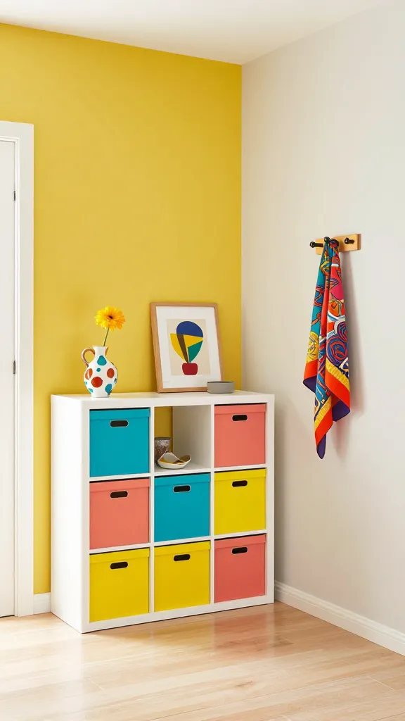 A high-resolution, professional interior design photograph of a vibrant and playful entryway. The focal point is a white Ikea KALLAX shelf unit, positioned against a wall. Its cubbies are filled with Ikea DRÖNA storage boxes in an alternating, cheerful pattern of sunny yellow, vibrant turquoise, and coral, creating an organized rainbow effect. One wall behind the KALLAX is painted a bold, sunny yellow accent color, while the adjacent walls are a neutral off-white. Light wooden flooring grounds the space. On top of the KALLAX, a quirky, colorful ceramic vase holds a single bright flower, next to a small, abstract art piece with geometric shapes. A unique, playful coat hook nearby holds a brightly patterned scarf. Abundant natural light streams into the space, enhancing the energetic and fun atmosphere. Realistic, no text.