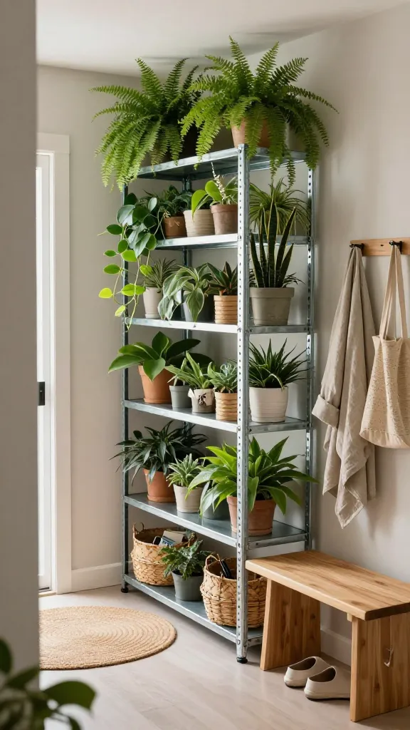A high-angle, wide shot of a bright, small entryway transformed into a lush urban jungle retreat. The focal point is a tall, galvanized steel Ikea HYLLIS shelving unit, completely overflowing with a diverse collection of real potted plants – ferns, trailing pothos, snake plants, and succulents – arranged on every shelf. Interspersed among the vibrant greenery are a few small, natural woven storage baskets neatly holding everyday entryway essentials like keys and mail. Adjacent to the HYLLIS unit, a simple, light natural wood bench provides a functional seating area, with a stylish pair of minimalist shoes neatly placed underneath. Above the bench, a couple of discreet wall hooks hold a textured linen coat and a natural fiber tote bag. The walls are painted in a soft, earthy off-white, enhancing the natural wood tones and the abundant green foliage. A round, natural fiber rug or coir doormat lies on the light-colored floor. Soft, diffused natural daylight streams into the space, highlighting the textures and the refreshing green hues. The overall atmosphere is calming, highly organized, and makes the compact entryway feel expansive and welcoming. Realistic, high-quality photograph, no text.