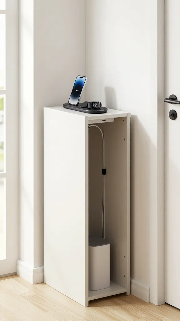 A high-quality, realistic photo of a sleek, minimalist IKEA BESTÅ storage combination acting as a smart tech hub in a compact, brightly lit entryway. The slim, light-colored BESTÅ unit features push-open doors, discreetly concealing cables and devices. On its clean top surface, a NORDMÄRKE wireless charging pad powers a modern smartphone and a smartwatch, showcasing organized convenience. The design emphasizes hidden cable management and efficient space utilization, making the small entryway appear spacious and highly functional. Bright natural light floods the scene, enhancing the sense of openness.