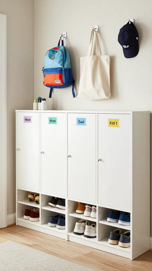 A bright, organized entryway command center for a bustling family home. A row of three to four IKEA TRONES shoe cabinets are neatly mounted on a light-toned wall at varying heights, creating individual storage cubbies. Each TRONES unit features a clear, minimalist label (e.g., 'Mom,' 'Dad,' 'Kid 1') or a distinct color-coded tag, with some units slightly ajar to reveal neatly stored shoes and small daily essentials. Above the TRONES, several IKEA KUBBIS hooks are installed at different heights, holding a child's colorful backpack, a parent's tote bag, and a cap. The scene is well-lit with natural light, highlighting the practical, accessible design and efficient use of space. The aesthetic is clean, durable, and functional, with subtle hints of family life. High-quality, realistic interior photography, no text.