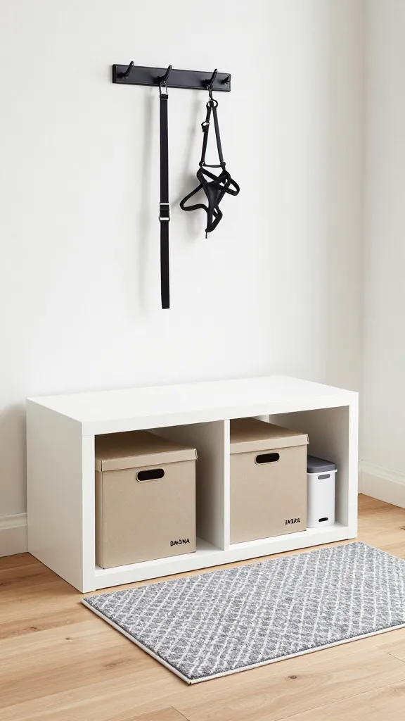 A bright, modern entryway featuring a low, horizontal IKEA KALLAX unit in white, serving as dedicated pet storage. Two cubbies are fitted with neutral-toned IKEA DRÖNA boxes, neatly concealing pet supplies. An adjacent open cubby reveals a stylish, minimalist pet food container. Above the KALLAX, a black IKEA TJUSIG hat rack is mounted on the wall, holding two neatly hung leashes and a harness. A small, durable, patterned washable rug in practical grey lies on the light wood floor in front of the unit. The scene is bathed in soft natural light, emphasizing a clean, organized, and pet-friendly home aesthetic. High-quality, realistic photo, interior design magazine style.