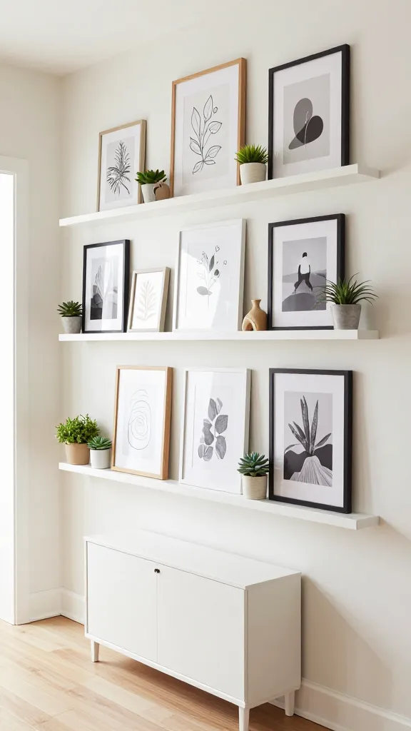 A high-quality, eye-level photograph of a bright and inviting entryway, featuring an artfully arranged gallery wall. On a clean, off-white wall, multiple white MOSSLANDA picture ledges are mounted at varying heights, creating a dynamic display. These ledges hold a curated collection of framed art in diverse sizes and styles, including minimalist line art, abstract prints, and black and white photography, with frames in light wood, black metal, and white. Interspersed among the art are small, vibrant potted plants like succulents and air plants, alongside unique decorative objects such as a small ceramic vase and a sculptural bookend. Directly beneath the lowest ledge, a slim, white HEMNES shoe cabinet sits neatly, providing unobtrusive storage. The floor is a light, natural wood. Soft, diffused natural light illuminates the scene, highlighting the textures and details, making the small space feel rich with personality and visually expanded.