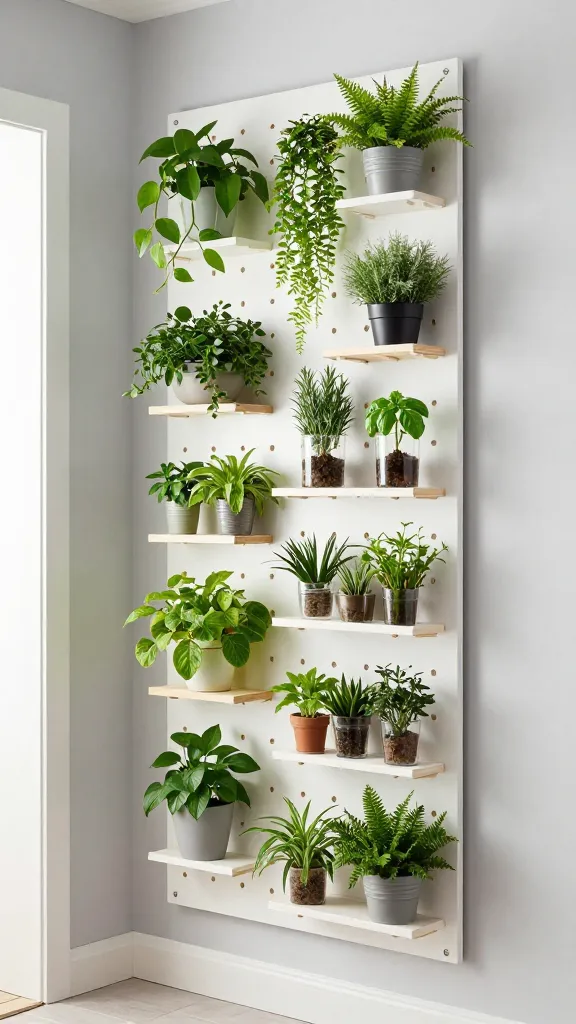 A realistic, high-quality eye-level photograph of a bright, modern small entryway. The focal point is a tall, white IKEA SKÅDIS pegboard system, spanning vertically from near the floor to almost the ceiling, mounted on a light grey wall. The pegboard is meticulously organized with an array of small, minimalist shelves and various hooks, all holding a vibrant, lush vertical garden. This includes a diverse collection of small potted plants like trailing Pothos, compact ferns, fragrant herbs such as basil and rosemary, and several elegant glass propagation stations displaying fresh plant cuttings. Soft, natural light bathes the scene, enhancing the rich greens and creating a refreshing, living backdrop that maximizes the compact space. The overall aesthetic is clean, organized, and full of life. No text.