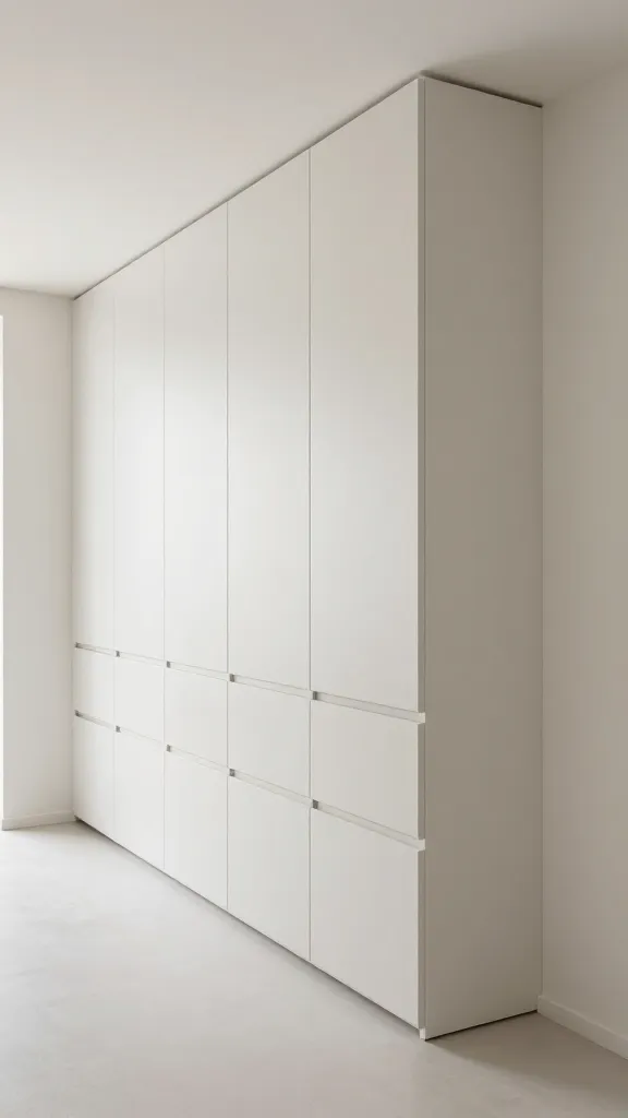 A high-quality, professional interior design photograph showcasing a pristine, minimalist entryway. Dominating the scene is a floor-to-ceiling IKEA PLATSA storage system, meticulously installed to appear custom-built and seamlessly integrated into the wall. The PLATSA units feature a matte, handleless finish that precisely matches the light, neutral paint color of the surrounding walls, making the storage practically disappear and creating an illusion of expansive space in a small entryway. All doors and drawers are closed, presenting an utterly uncluttered and tidy aesthetic. The overall impression is one of effortless organization and spaciousness. Natural light floods the area, highlighting the clean lines and sophisticated simplicity.