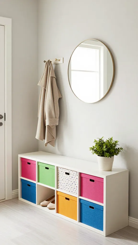 A high-quality, realistic photo of a bright and inviting entryway, featuring a horizontally placed IKEA KALLAX shelf unit serving as a stylish storage bench. The KALLAX is filled with a playful yet organized arrangement of IKEA DRÖNA fabric boxes in a vibrant mix of solid colors and subtle patterns, artfully alternating with open cubbies. Within the open cubbies, a few pairs of neatly arranged, stylish shoes and a small, potted green plant add functional decor. Above the KALLAX, a minimalist, light-colored coat rack holds one or two neatly hung coats, and a sleek, round mirror is positioned to reflect light and expand the perception of space. The walls are painted in a soft, light neutral tone, and abundant natural light floods the scene from an unseen window, creating an airy and spacious feel in the small entryway. The overall aesthetic is clean, cheerful, and highly functional, demonstrating clever use of space. No text.