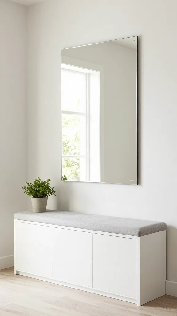 A high-resolution, eye-level photograph of a bright, modern entryway featuring smart storage. Three white IKEA TRONES shoe cabinets are neatly aligned side-by-side, topped with a custom-fit, light grey linen cushion to form a comfortable bench. Mounted directly above the bench is a large, rectangular IKEA NISSEDAL-style mirror with a thin frame, reflecting abundant natural light from an unseen window and a subtle, verdant outdoor view, making the space feel significantly larger. The wall is painted in a soft, neutral off-white. A small, potted green plant sits on the floor beside one end of the bench. The overall aesthetic is clean, organized, and inviting, emphasizing functional design and visual spaciousness.