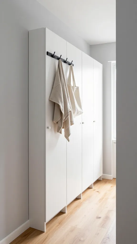 A realistic, high-quality photograph of a very narrow, modern hallway. Along one wall, a seamless row of four white IKEA TRONES shoe cabinets are precisely wall-mounted, appearing ultra-slim and barely protruding into the space. Directly above the TRONES units, a sleek black IKEA TJUSIG hook rack is mounted, holding two stylish, light-colored jackets and a small tote bag. The hallway walls are painted a clean, light greige, and the floor is light oak hardwood, reflecting soft natural light from an unseen source at the end of the hall. The overall impression is one of maximum storage efficiency, uncluttered functionality, and spaciousness, demonstrating smart use of a minimal footprint. No text on images.